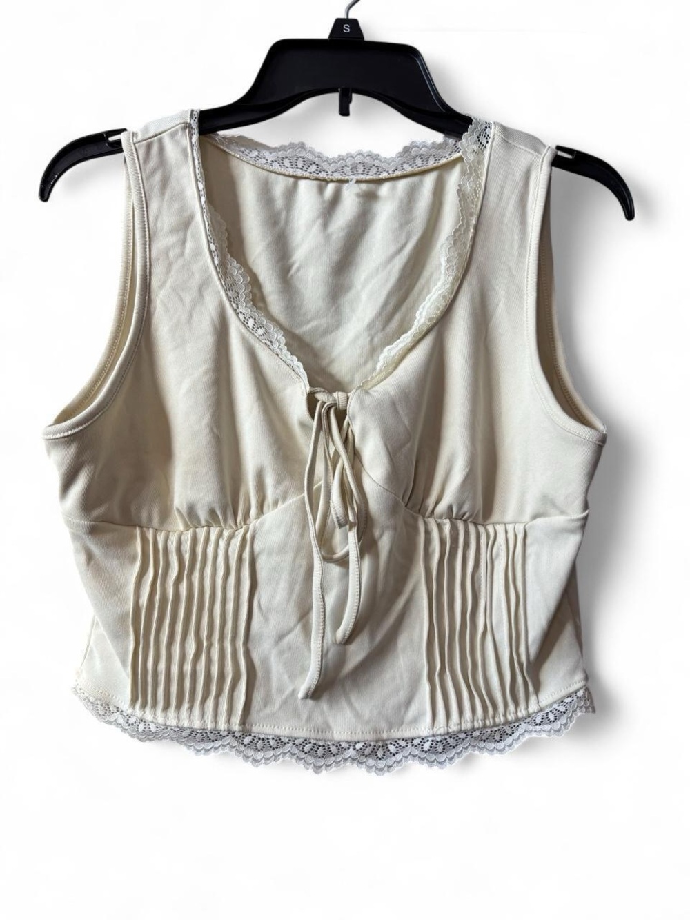 Cream Lace-Trimmed Tie-Front Tank Top